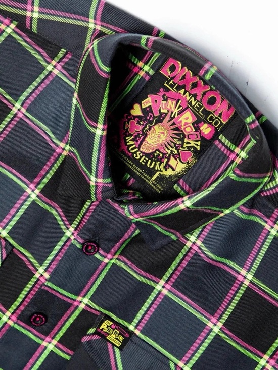 DIXXON Tops - DIXXON Button-Down Flannel Shirt with Pink & Lime Lines Punk Rock Museum